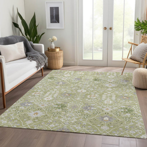 9' X 12' Artichoke Green Gray And Ivory Oriental Washable Area Rug With UV Protection