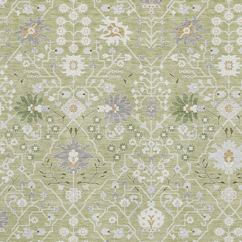 9' X 12' Artichoke Green Gray And Ivory Oriental Washable Area Rug With UV Protection