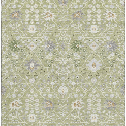 9' X 12' Artichoke Green Gray And Ivory Oriental Washable Area Rug With UV Protection