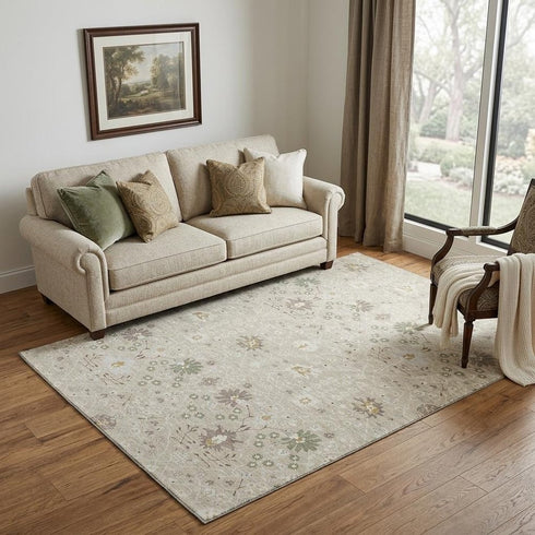 5' X 8' Beige Ivory And Taupe Oriental Washable Area Rug With UV Protection