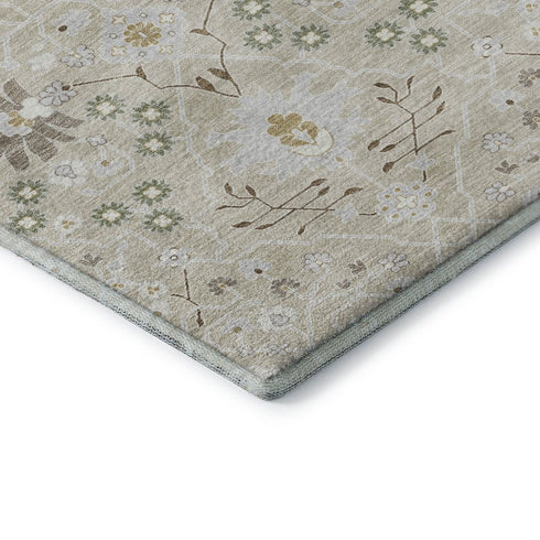 5' X 8' Beige Ivory And Taupe Oriental Washable Area Rug With UV Protection