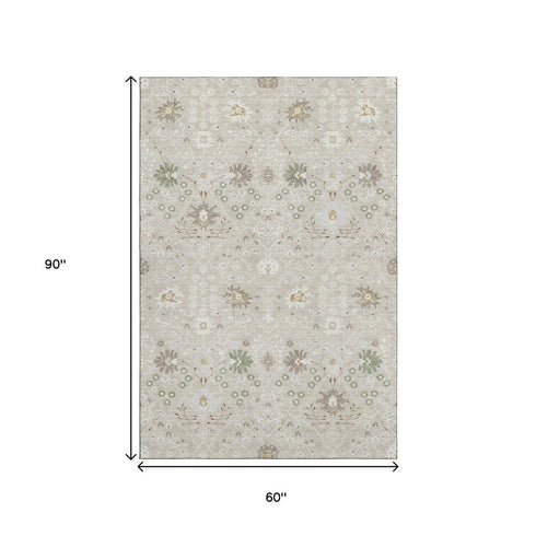 5' X 8' Beige Ivory And Taupe Oriental Washable Area Rug With UV Protection