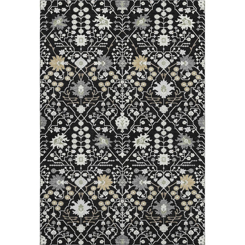 5' X 8' Black Gold And Ivory Oriental Washable Area Rug With UV Protection