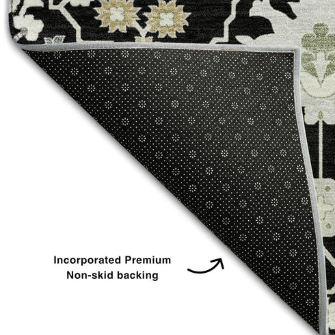 5' X 8' Black Gold And Ivory Oriental Washable Area Rug With UV Protection