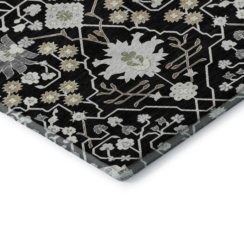 5' X 8' Black Gold And Ivory Oriental Washable Area Rug With UV Protection