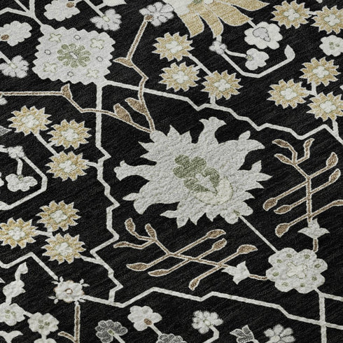 5' X 8' Black Gold And Ivory Oriental Washable Area Rug With UV Protection