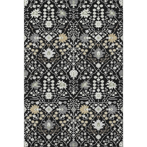 5' X 8' Black Gold And Ivory Oriental Washable Area Rug With UV Protection