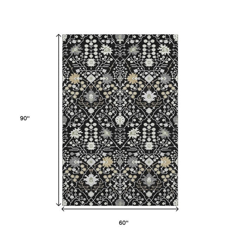 5' X 8' Black Gold And Ivory Oriental Washable Area Rug With UV Protection