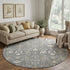 8' Charcoal Ivory And Gold Oriental Washable Round Rug With UV Protection