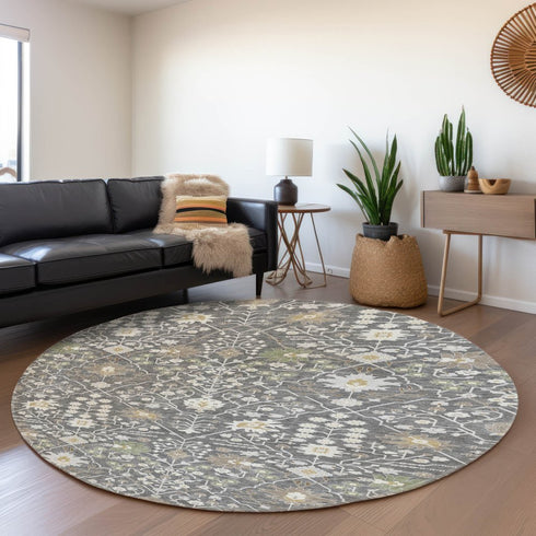 8' Charcoal Ivory And Gold Oriental Washable Round Rug With UV Protection