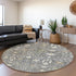 8' Charcoal Ivory And Gold Oriental Washable Round Rug With UV Protection