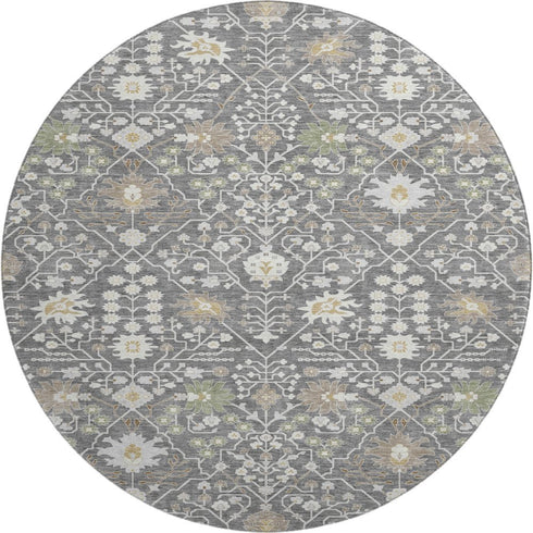 8' Charcoal Ivory And Gold Oriental Washable Round Rug With UV Protection