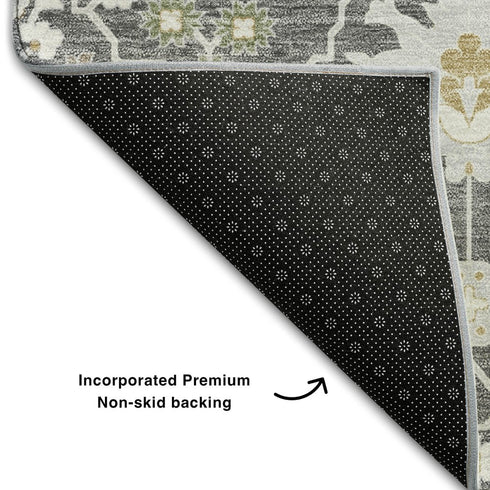 8' Charcoal Ivory And Gold Oriental Washable Round Rug With UV Protection