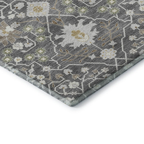 8' Charcoal Ivory And Gold Oriental Washable Round Rug With UV Protection