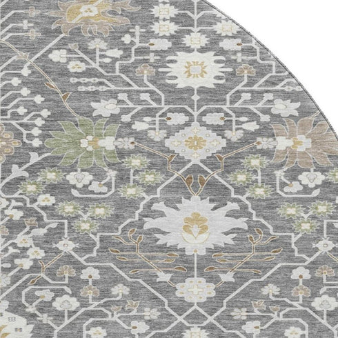 8' Charcoal Ivory And Gold Oriental Washable Round Rug With UV Protection