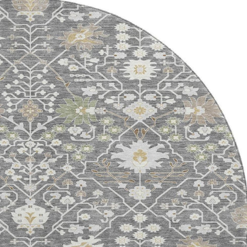 8' Charcoal Ivory And Gold Oriental Washable Round Rug With UV Protection