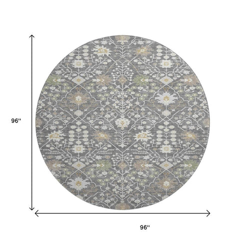8' Charcoal Ivory And Gold Oriental Washable Round Rug With UV Protection