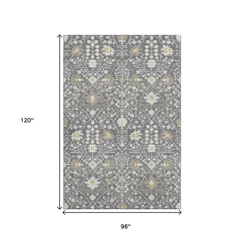 8' X 10' Charcoal Ivory And Gold Oriental Washable Area Rug With UV Protection