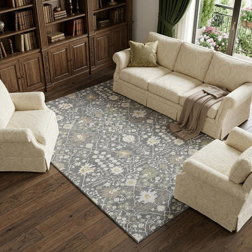 8' X 10' Charcoal Ivory And Gold Oriental Washable Area Rug With UV Protection