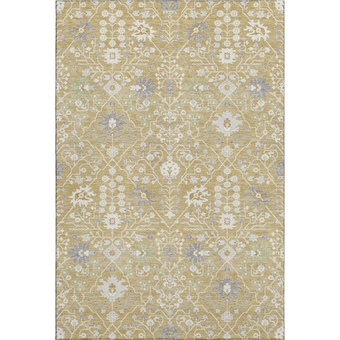5' X 8' Gold Gray And Ivory Oriental Washable Area Rug With UV Protection