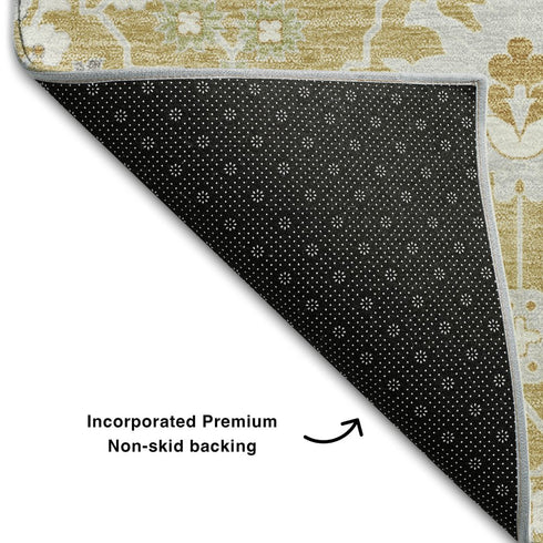 5' X 8' Gold Gray And Ivory Oriental Washable Area Rug With UV Protection