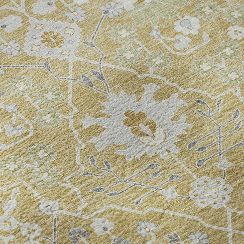 5' X 8' Gold Gray And Ivory Oriental Washable Area Rug With UV Protection