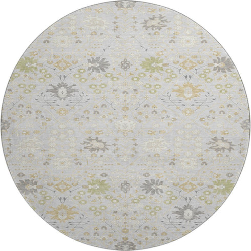 8' Silver Gold And Gray Oriental Washable Round Rug With UV Protection