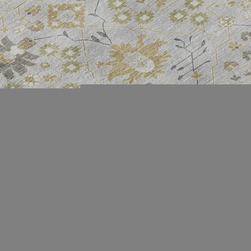 8' Silver Gold And Gray Oriental Washable Round Rug With UV Protection