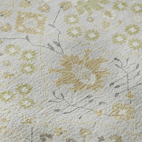 8' Silver Gold And Gray Oriental Washable Round Rug With UV Protection