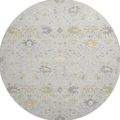 8' Silver Gold And Gray Oriental Washable Round Rug With UV Protection