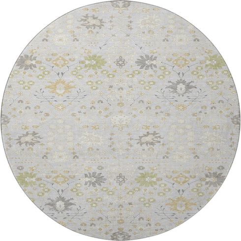 8' Silver Gold And Gray Oriental Washable Round Rug With UV Protection