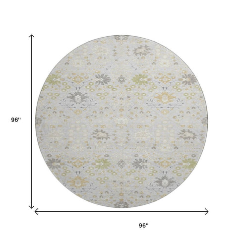 8' Silver Gold And Gray Oriental Washable Round Rug With UV Protection