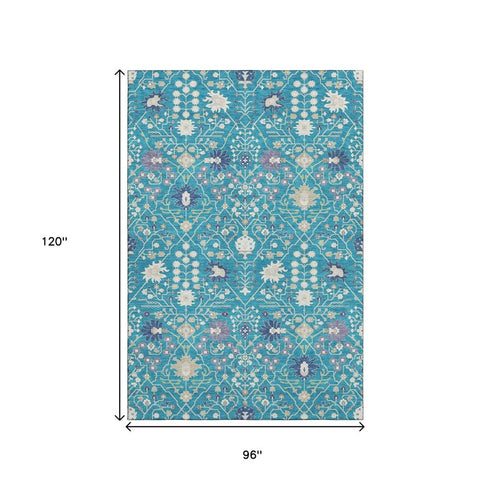 8' X 10' Teal Purple And Ivory Oriental Washable Area Rug With UV Protection