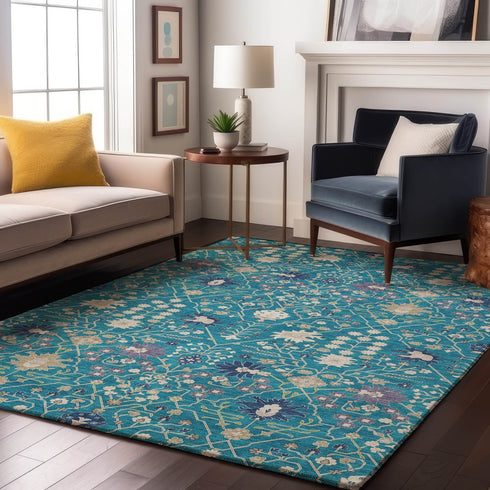 8' X 10' Teal Purple And Ivory Oriental Washable Area Rug With UV Protection