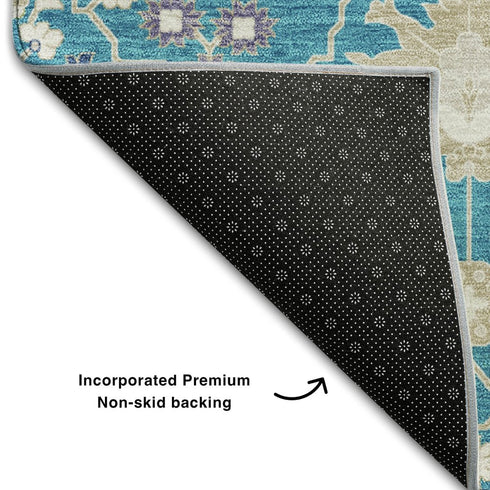 8' X 10' Teal Purple And Ivory Oriental Washable Area Rug With UV Protection