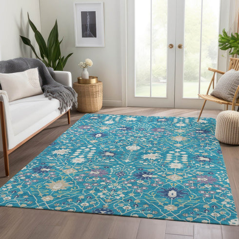 8' X 10' Teal Purple And Ivory Oriental Washable Area Rug With UV Protection