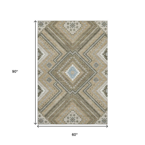5' X 8' Beige Ivory And Gray Tribal Washable Area Rug With UV Protection