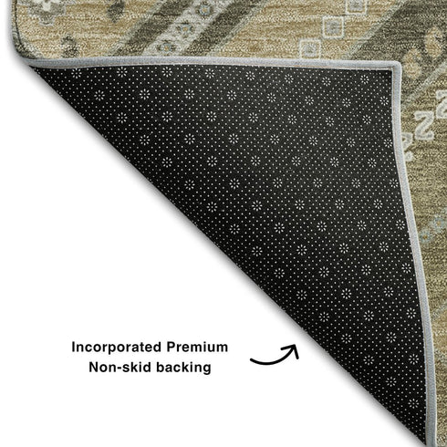 5' X 8' Beige Ivory And Gray Tribal Washable Area Rug With UV Protection