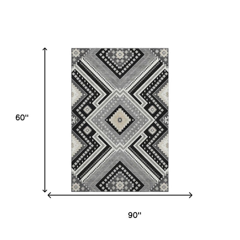 5' X 8' Black Gray And Silver Tribal Washable Area Rug With UV Protection
