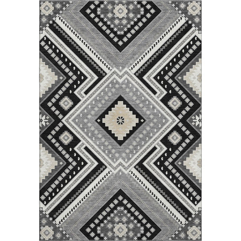 5' X 8' Black Gray And Silver Tribal Washable Area Rug With UV Protection