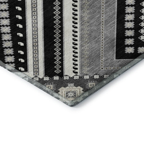 5' X 8' Black Gray And Silver Tribal Washable Area Rug With UV Protection