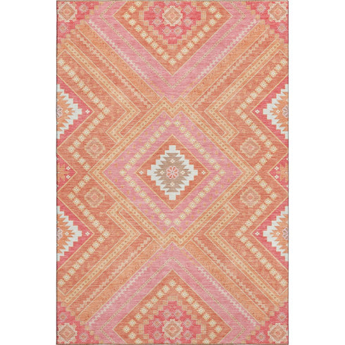5' X 8' Coral Pink And Ivory Tribal Washable Area Rug With UV Protection