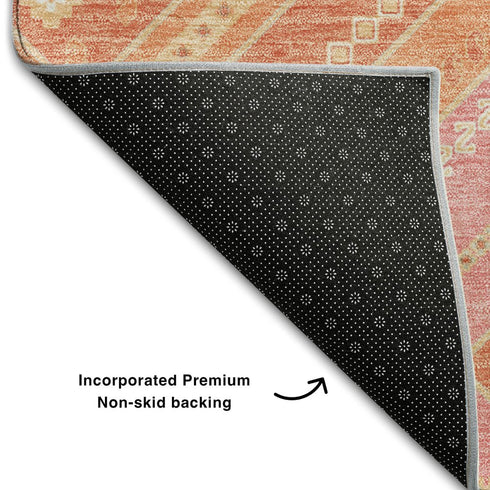 5' X 8' Coral Pink And Ivory Tribal Washable Area Rug With UV Protection