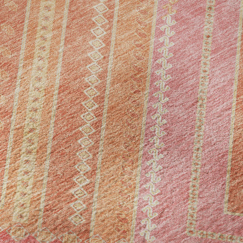 5' X 8' Coral Pink And Ivory Tribal Washable Area Rug With UV Protection