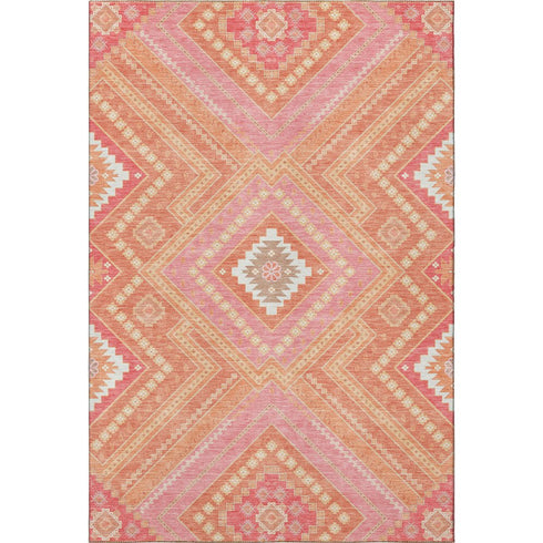 5' X 8' Coral Pink And Ivory Tribal Washable Area Rug With UV Protection