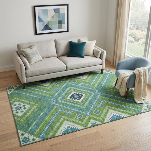 5' X 8' Lime Green Teal And Ivory Tribal Washable Area Rug With UV Protection