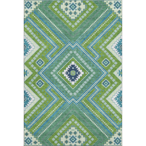 5' X 8' Lime Green Teal And Ivory Tribal Washable Area Rug With UV Protection