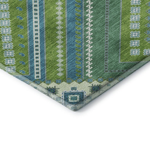 5' X 8' Lime Green Teal And Ivory Tribal Washable Area Rug With UV Protection