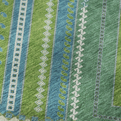 5' X 8' Lime Green Teal And Ivory Tribal Washable Area Rug With UV Protection