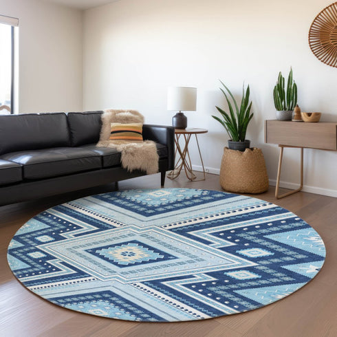 8' Navy Blue And Ivory Tribal Washable Round Rug With UV Protection